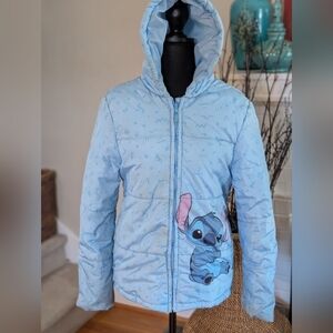 Disney Stitch Puffer Jacket Youth Sz 14/16 Blue Hood‎ Winter Coat Lilo & Stitch